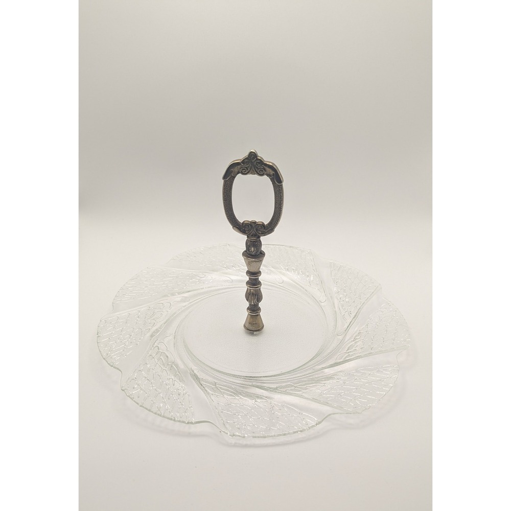 Vintage Textured Clear Glass Tidbit Tray Ornate EP Zinc Brass Handle Swirl Plate